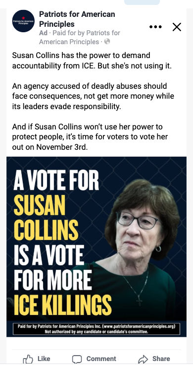 A vote for Susan Collins is a vote for more ICE killings